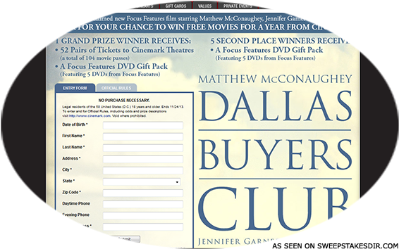 Cinemark & Focus Features Free Movie Sweepstakes - Dallas Buyers Club Starring Matthew Mcconaughey (dvd) (574x358), Png Download