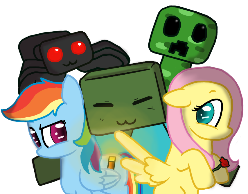 Bristlestream, Creeper, Crossover, Fluttershy, Minecraft, - Fluttershy And Rainbow Dash Play Minecraft (900x750), Png Download