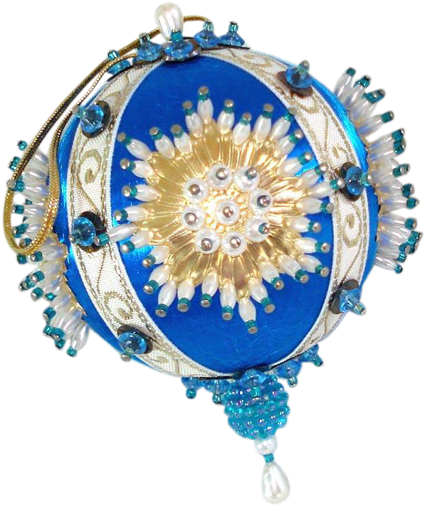 Blue White Gold Pin Beaded Sunburst Christmas Ornament (711x711), Png Download