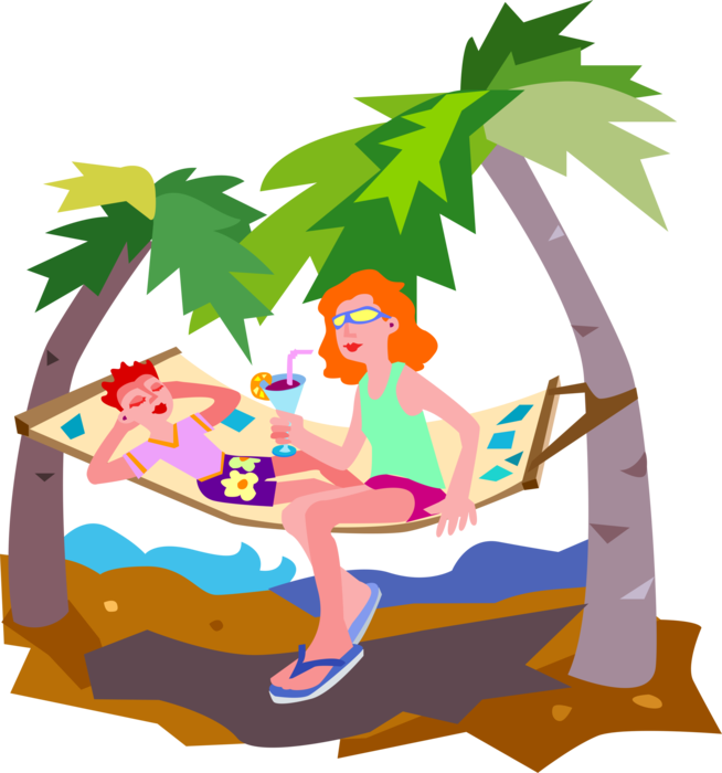 Vector Illustration Of Relaxing On Hammock Between - Hammock Clipart (654x700), Png Download