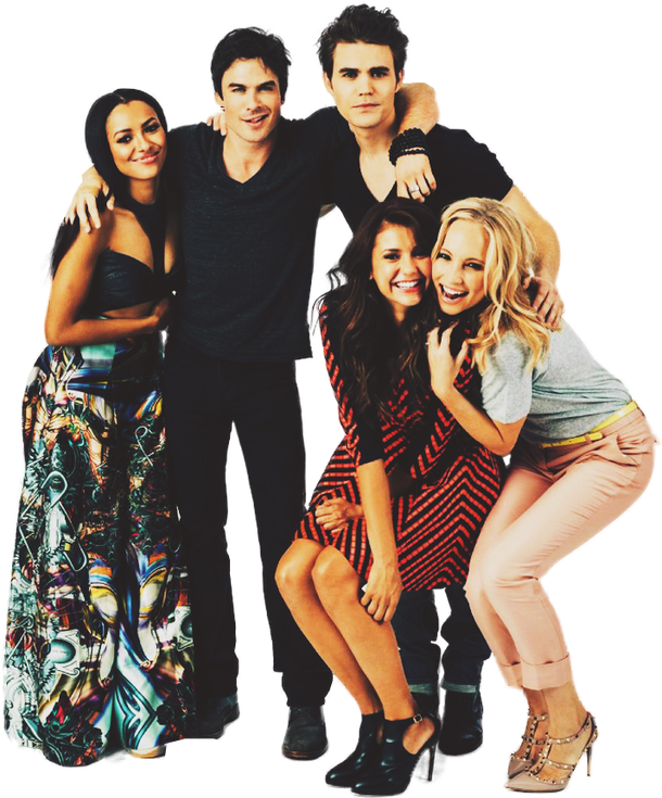 Candice Accola, Ian Somerhalder, Kat Graham, Nina Dobrev, - Bonnie Stefan Caroline Damon Elena (610x735), Png Download