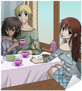 Cute Anime Couple And Friend At Cafe Valentines Day - Manga Schetsblok (400x400), Png Download