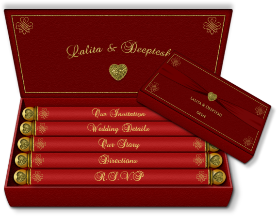 Red & Gold Box Email Wedding Invitation With Mini Scroll - Wedding Invitation (610x487), Png Download