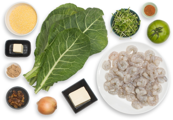 Cajun Shrimp & Cheesy Grits With Collard Greens & Green - Tomato Chutney (700x477), Png Download