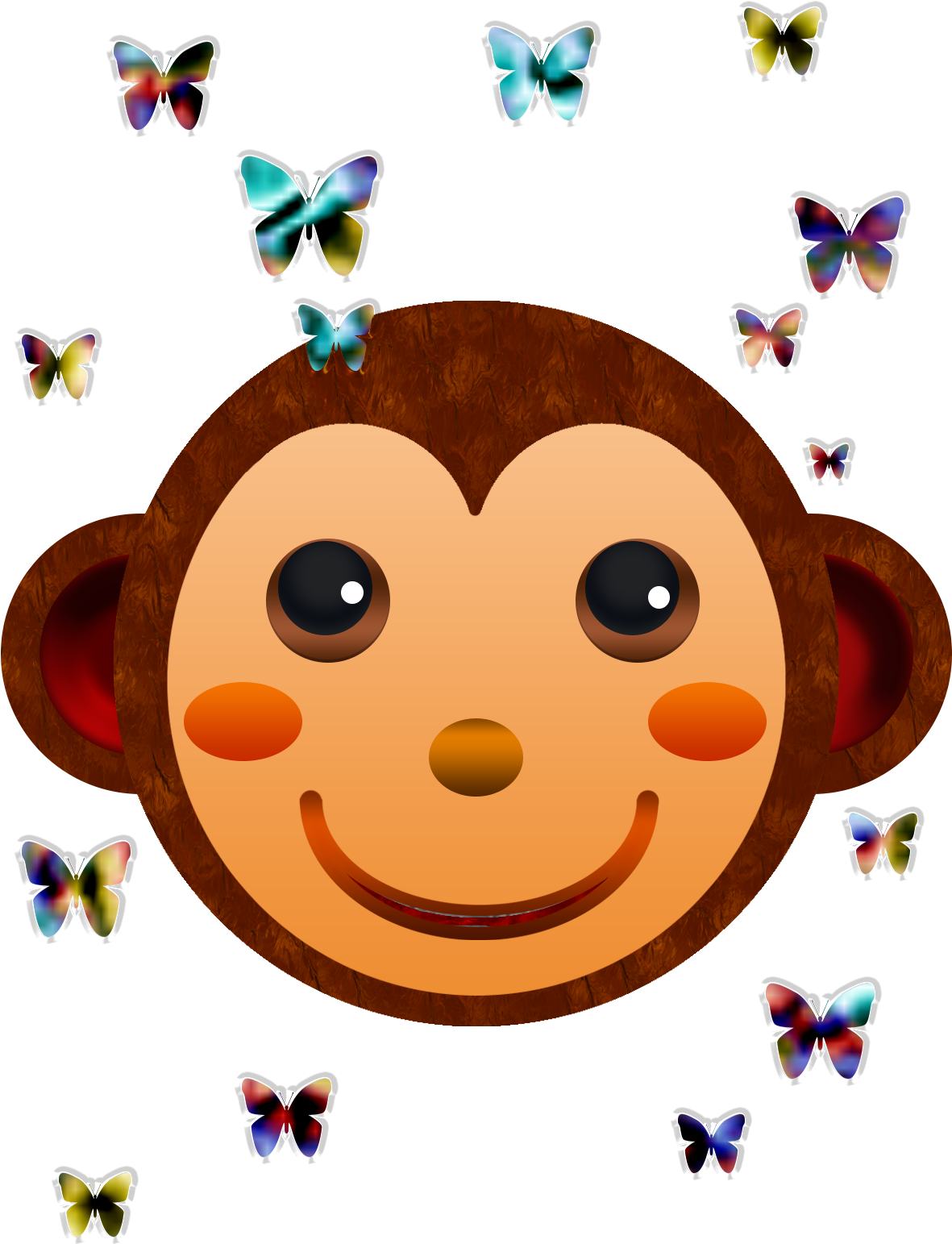 Monkey Face And Butterflies - Cartoon (1200x1600), Png Download