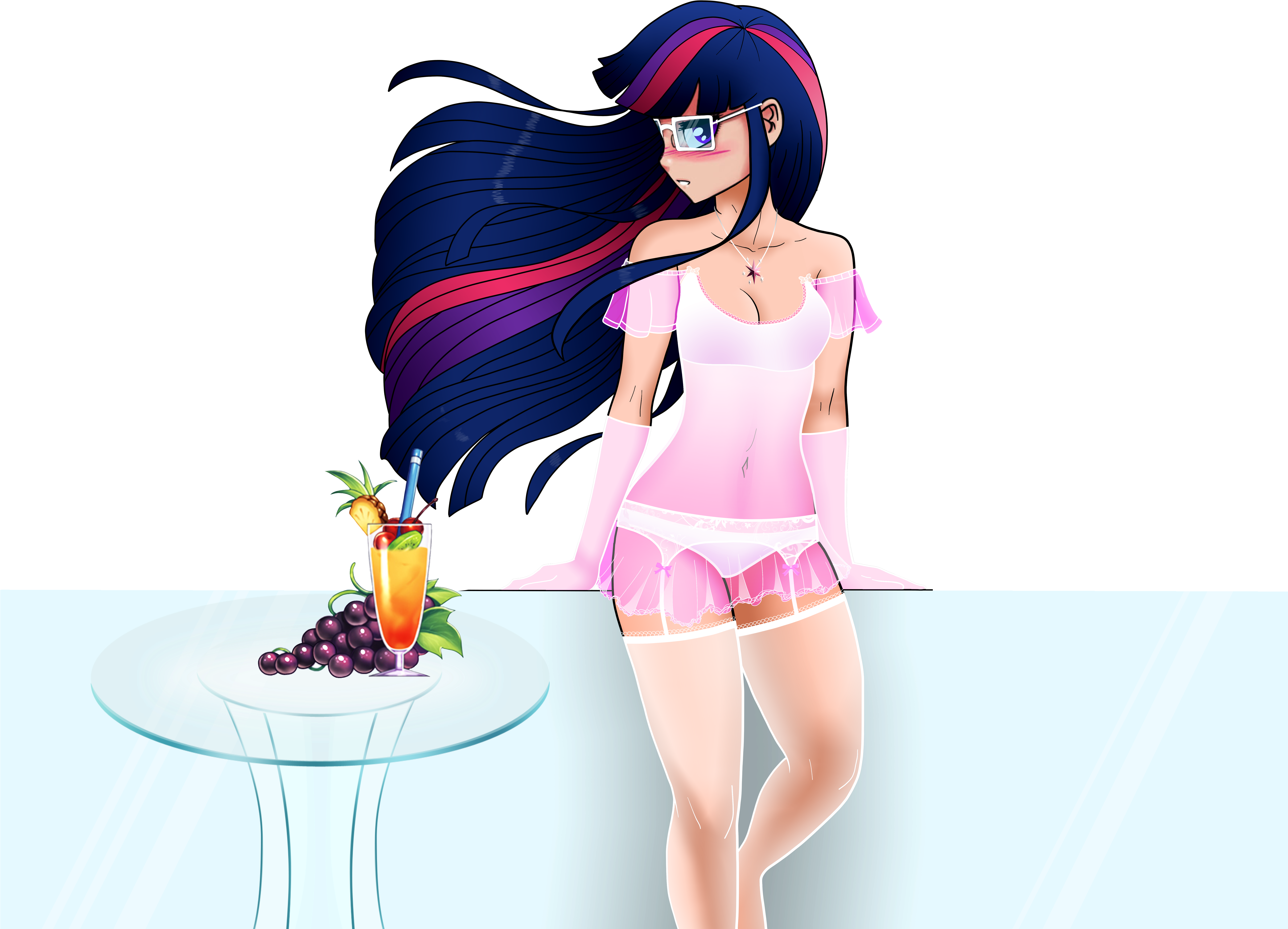 Fruit Juice, Glasses, Human, Humanized, Jewelry, Lingerie, - Sexy Blue Haired Anime Girl (5464x4096), Png Download