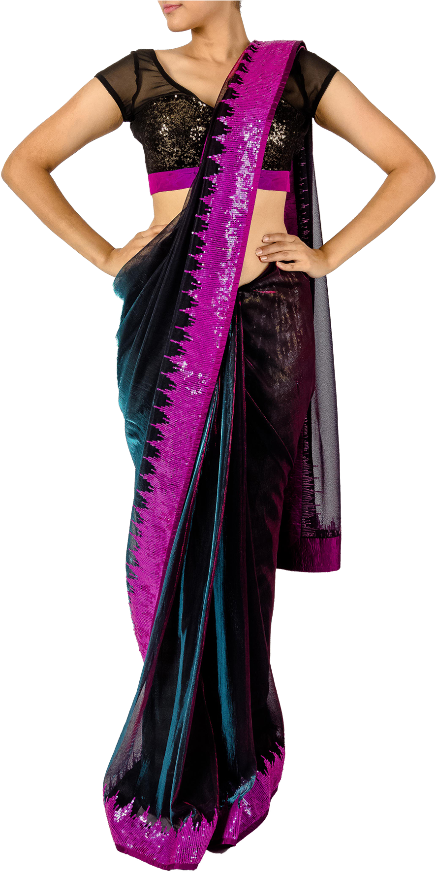 Black Blue And Pink Iridescent Saree And Blouse By - Dress (1200x1800), Png Download