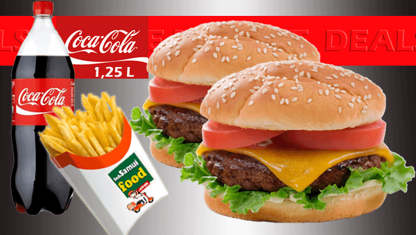 Two Cheese Burgers With Fries And Cola - Coca Cola (600x340), Png Download