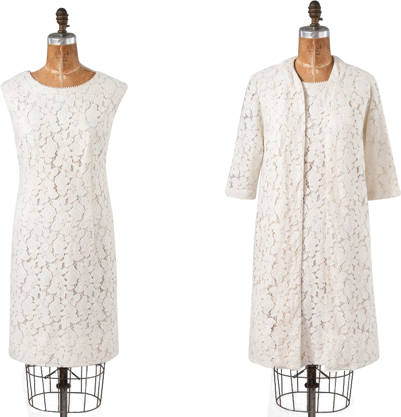 60s White Lace Dress Set, Vintage Two Piece Dress Jacket - Day Dress (819x819), Png Download