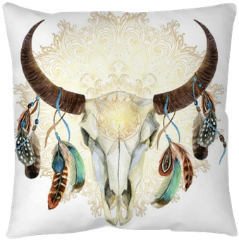 Watercolor Cow Skull With Feathers Floor Pillow • Pixers® - Steer Skull With Feathers (400x400), Png Download