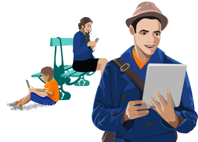 Several People Reading At Tablet - Mobile Phone (1038x493), Png Download