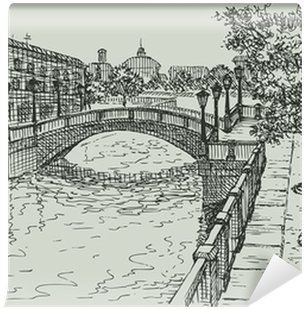 Classic Houses And The Bridge On The River Wall Mural - Dibujos A Lapiz De Paisajes De Paris (400x400), Png Download