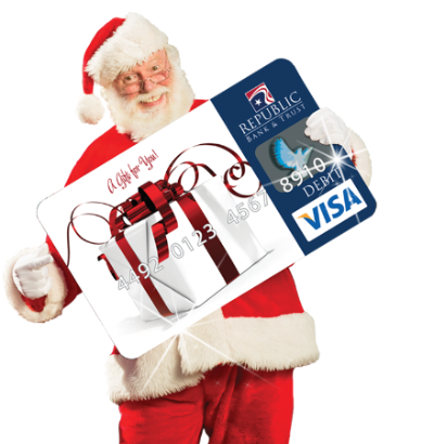 Picture Of Santa Holding An Over-sized Republic Visa - Santa Holding Gift Card (400x410), Png Download