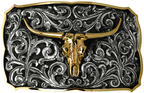 14k Yellow Skull And Border, Scrolls - Gürtelschließe Trachtig 4,0 Cm (498x331), Png Download