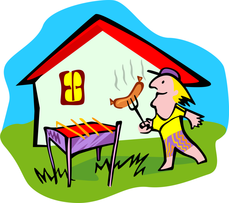 Vector Illustration Of Outdoor Chef Cooks Hotdog On - Barbecue (788x700), Png Download
