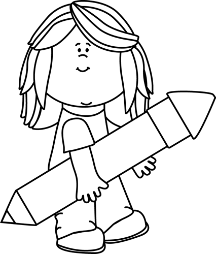 Pencil - Girl Holding Big Pencil Black White Png (426x500), Png Download