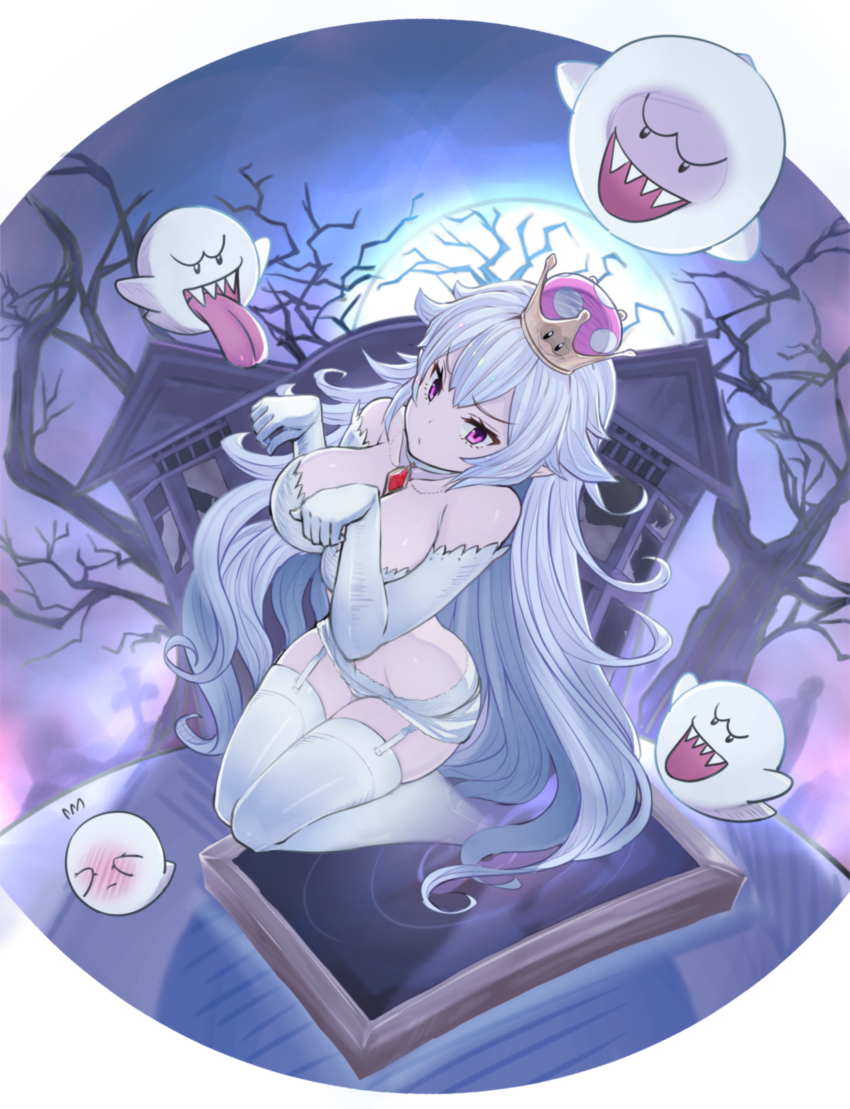 1girl Absurdres Bare Tree Boo Breasts Broken Window - Bowsette (850x1109), Png Download