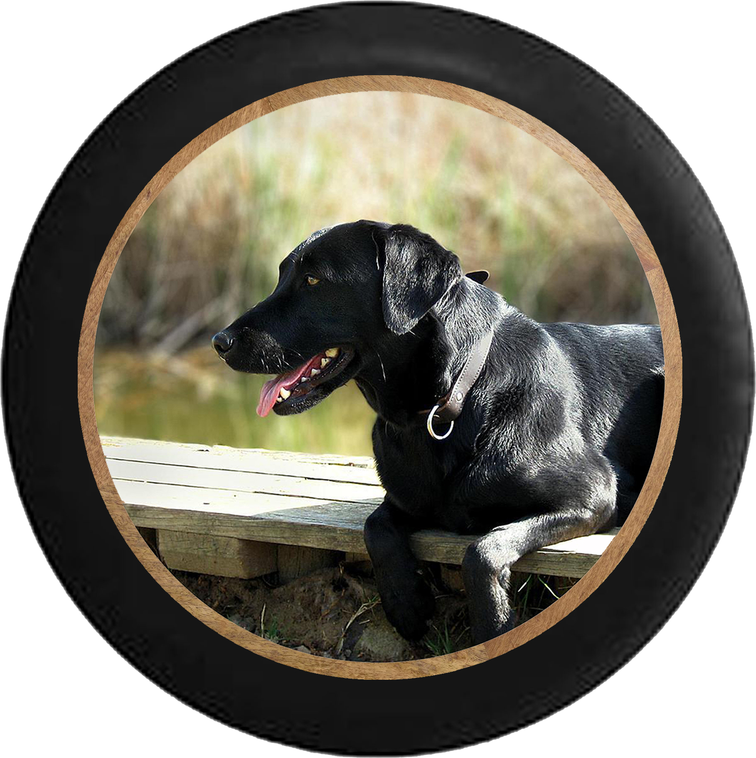 Black Lab Retriever Hunting Dog On The Dock Jeep Camper - Tirecoverpro Full Color Black Lab Retriever Hunting (1498x1502), Png Download