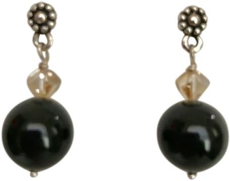 Silver Ball Motif Posts Black Pearl Earrings - Earring (480x640), Png Download