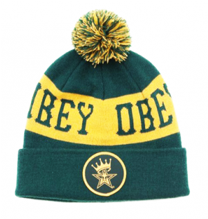 Obey Stripe Crown Badge Beanie Pow Green Yellow - Obey Crowned Pom Cap Hat Knit Beanie (600x315), Png Download