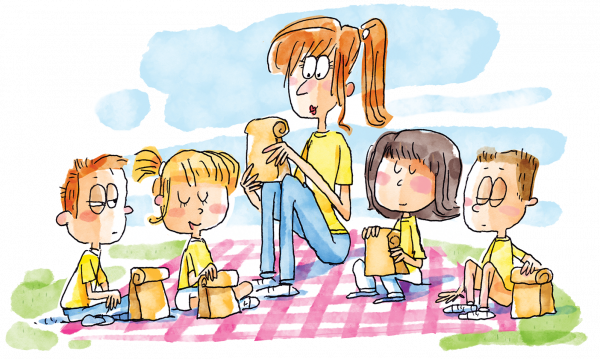 A Group Of Children Pray Before Eating A Picnic Lunch - Eating (600x359), Png Download