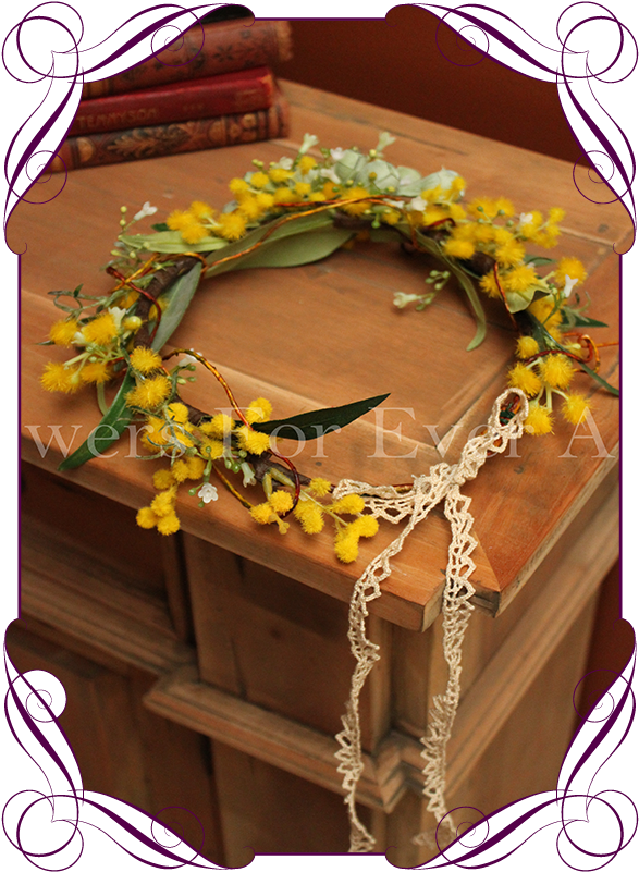 Silk Australian Native Wattle And Berry Flower Crown, - Fake Flower Cake Decorations (608x822), Png Download