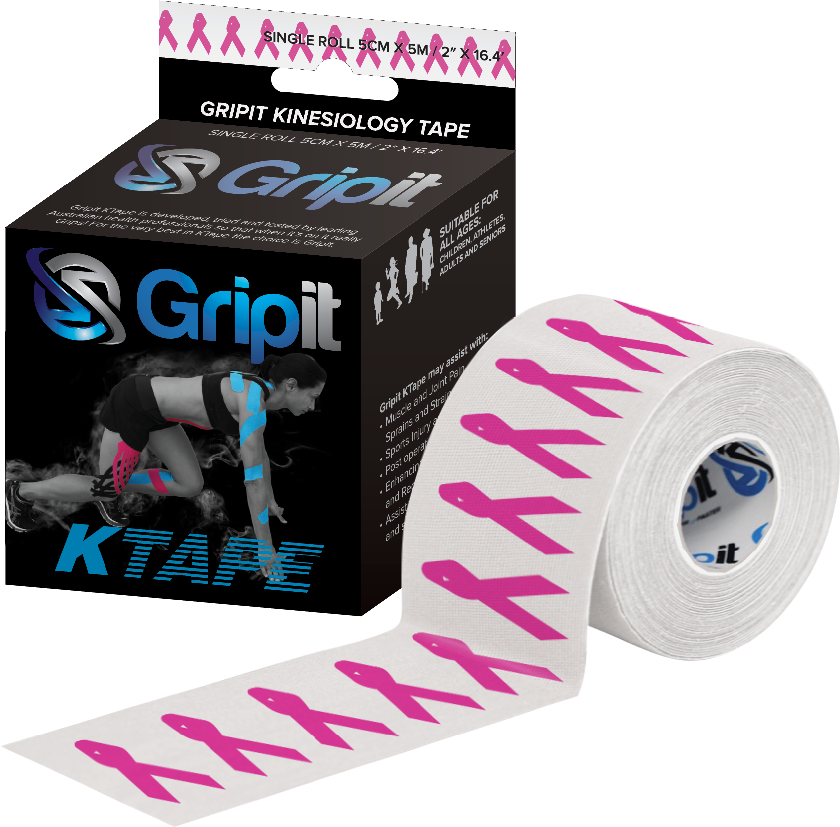 Gripit 50mm X 5m Ktape- Pink Ribbon Special Edition - Gripit - Knee Pre-cut Tape (1890x1748), Png Download