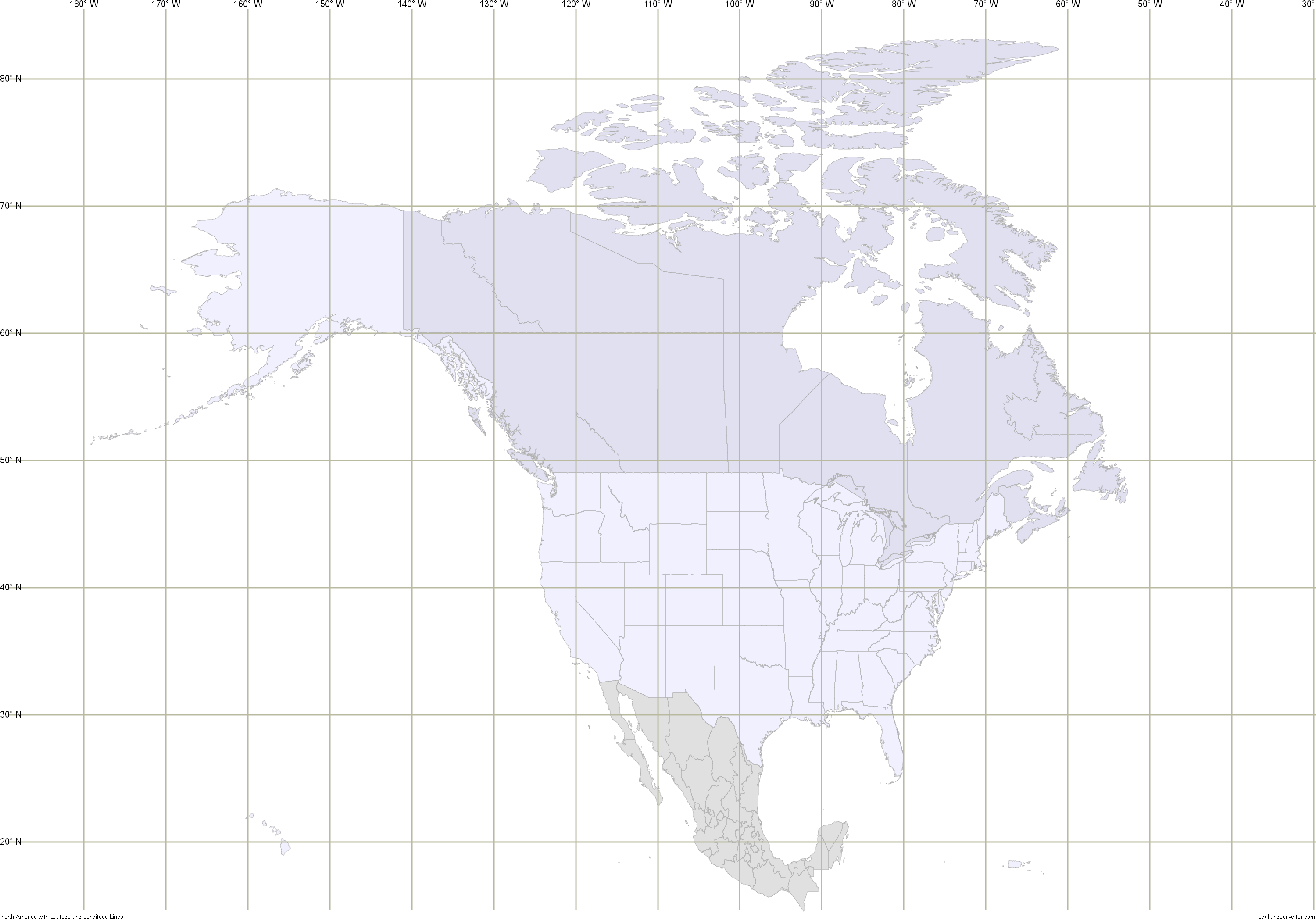 North America Outline Map With Latitude And Longitude (3000x2100), Png Download