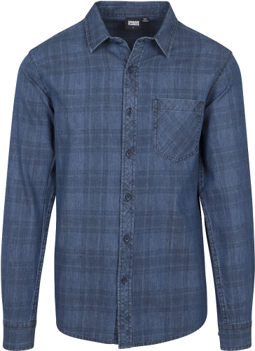 Printed Check Denim Shirt Men Longsleeve Blue 100% - Shirt (500x500), Png Download