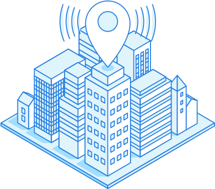 Illustration Of Business Buildings And Map Marker Broadcasting - Illustration (450x390), Png Download