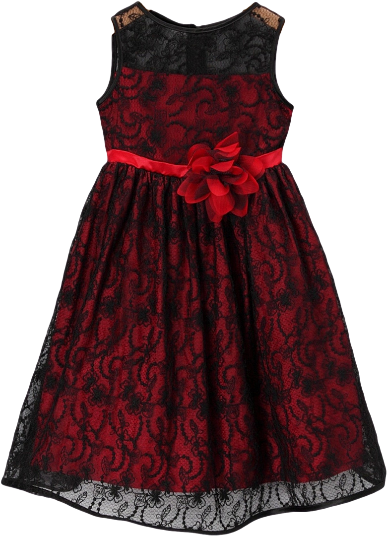Red Satin With Black Floral Lace Overlay Occasion Dress (800x1200), Png Download
