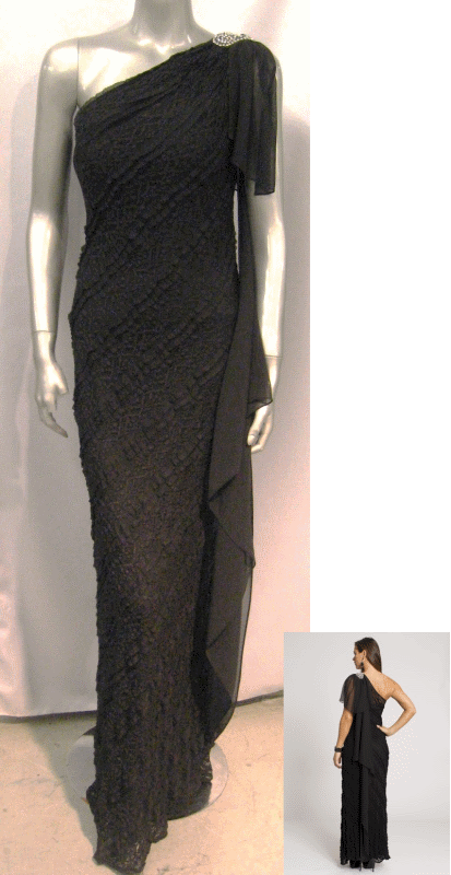 Long One-shoulder Lace Dress With Cascade Chiffon Sleeve - Tuxedo (413x800), Png Download