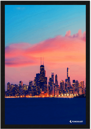 Ny Skyline Framed Wall Art - Chicago Skyline Night Lights Lake Beautiful 40x30 Framed (527x600), Png Download