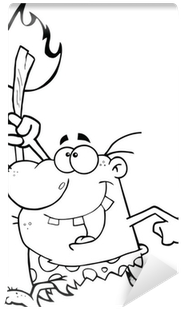 Black And White Happy Caveman Running With A Torch - Black (400x400), Png Download