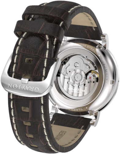 44mm Men's Automatic Watch White Dial Brown Leather - Strap (400x600), Png Download