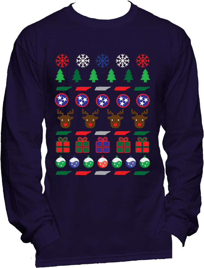 Tennessee Ugly Christmas Sweater Mens Long Sleeve T-shirt - Navy Blue Long Sleeve Tee (1000x1000), Png Download