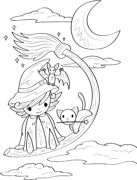 Flying Witch Coloring Page - Coloring Book (600x776), Png Download