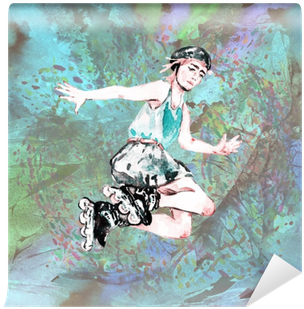Boy In Roller Skates And Helmet Jumping, Hand Painted - Watercolor Painting (400x400), Png Download