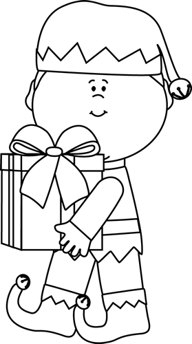 Black And White Elf With A Gift Clip Art Black And - Christmas Elf Clipart Black And White (279x500), Png Download