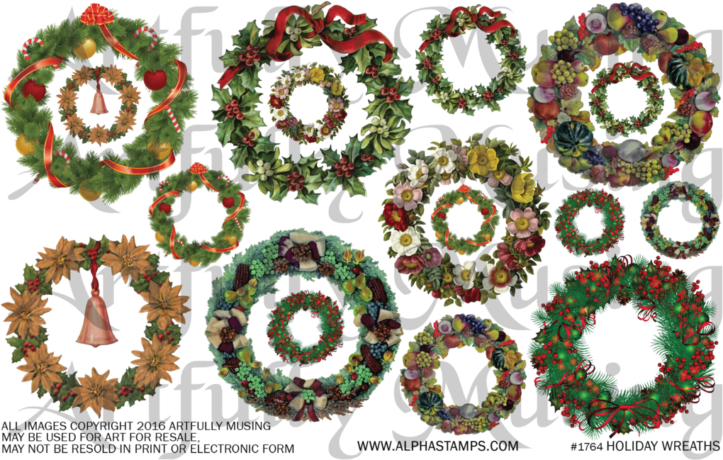 On This Sheet, You'll Find 7 Unique Festive Wreaths - Holly Christmas Wreath Ornament (round) (1024x664), Png Download