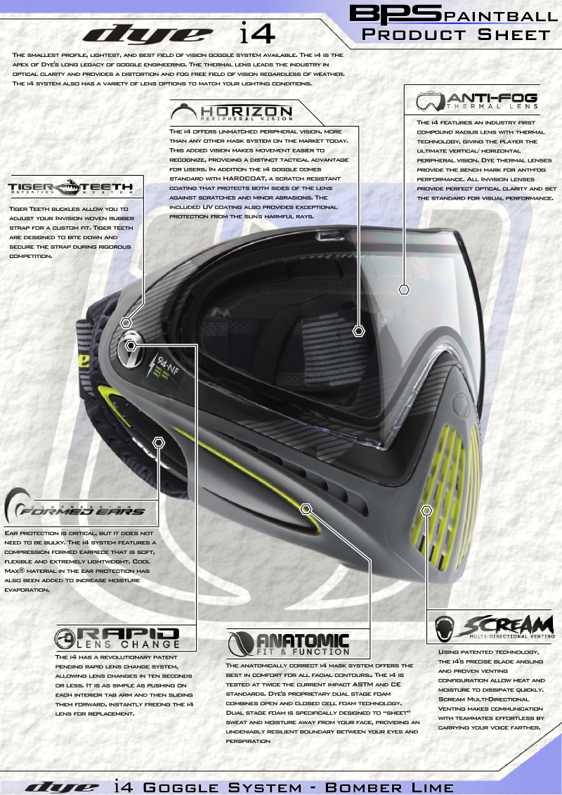 Dye I4 Paintball Goggle Mask Product Sheet - 2014 Dye Invision Goggle I4 Pro Mask - Bomber Lime (800x1131), Png Download