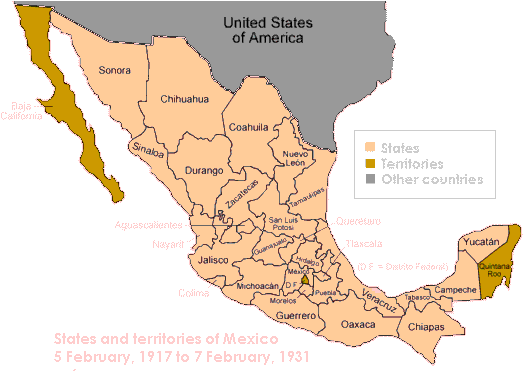 Map Of Mexico, 1917-1931, Its States And Territories - Mexico States (535x370), Png Download