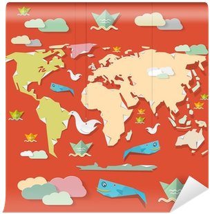 Retro Paper Vector World Map Illustration On Red Background - Society6 Adventure Awaits World Map Wall Tapestry Small: (400x400), Png Download