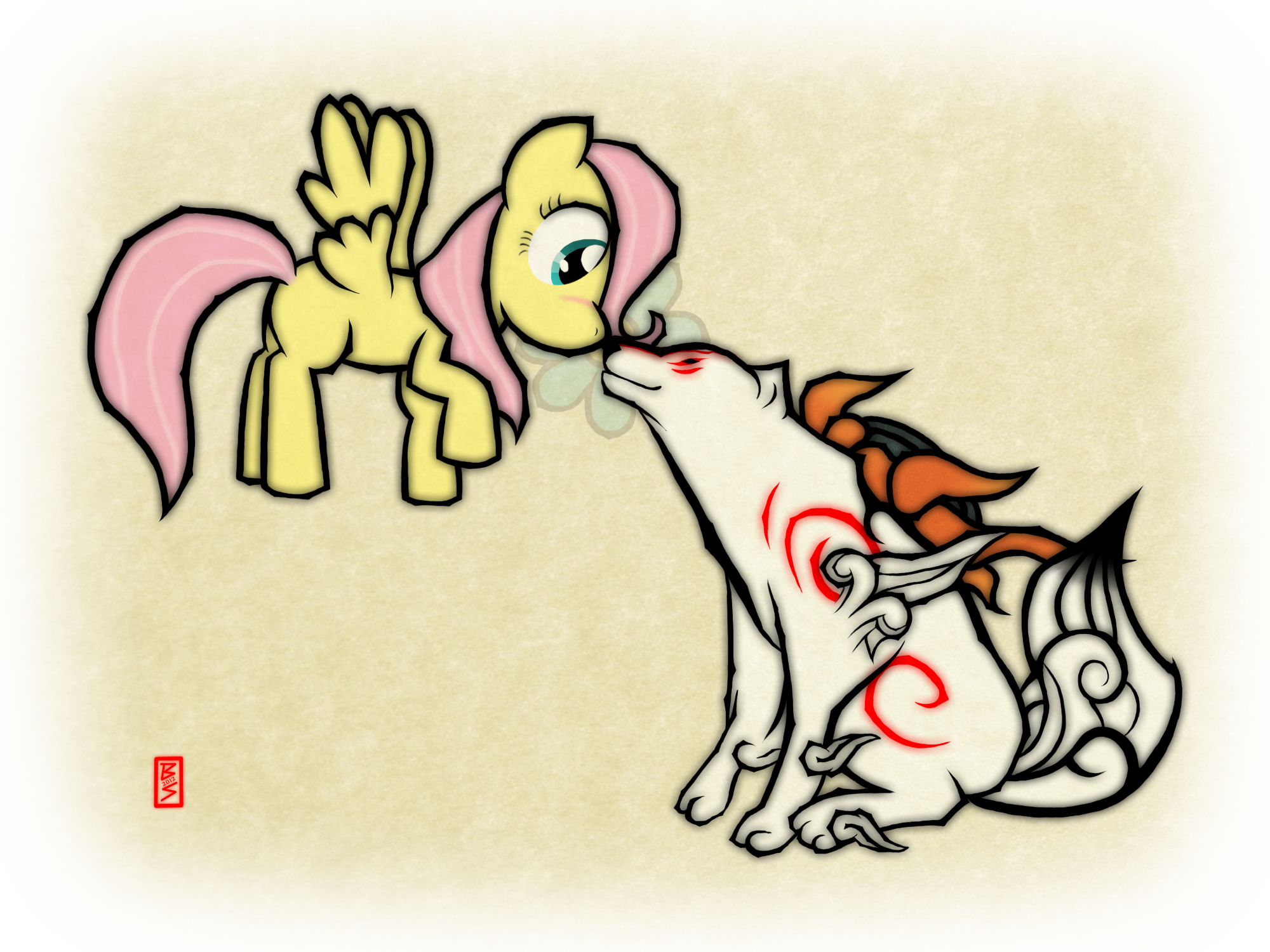 Crossover, Eye Contact, Female, Filly, Fluttershy, - Ōkami (2000x1500), Png Download