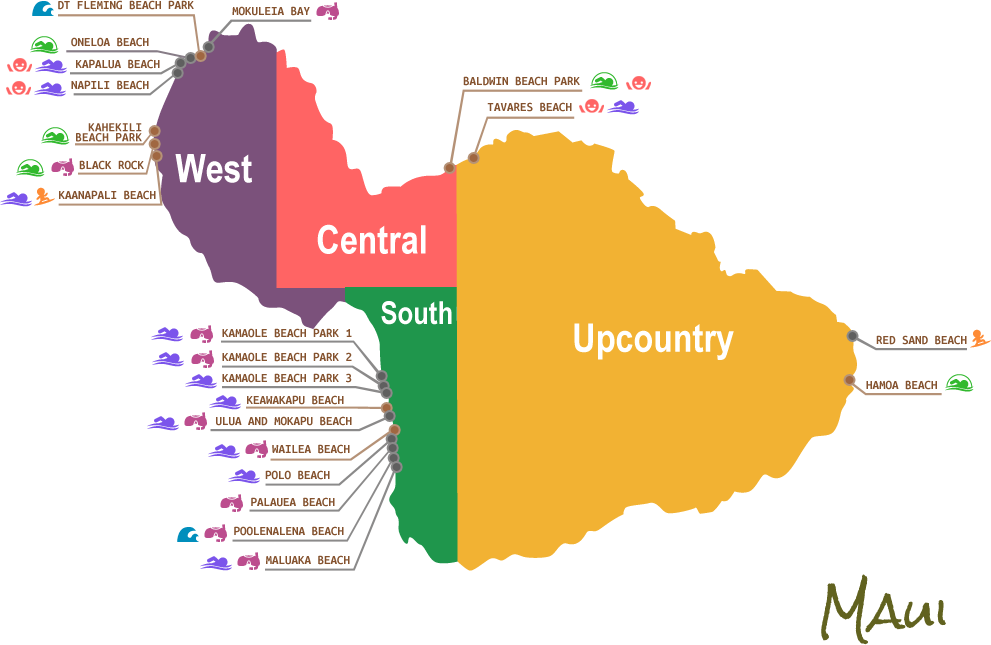 Maui Beaches Map (991x645), Png Download