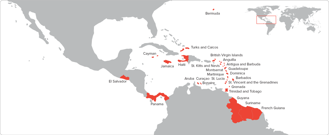 Caribbean & Central America - Central America Physical Political Map (1082x445), Png Download