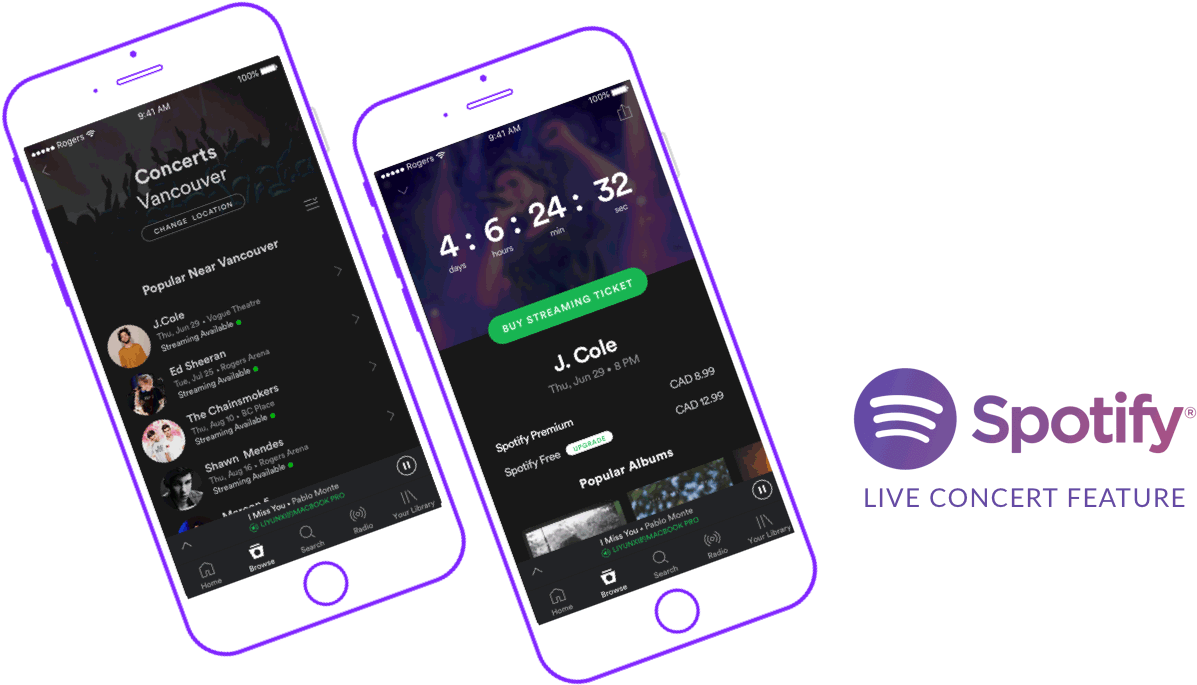Two Colorful Slanted Iphones With Spotify Interfaces - Spotify Sessions (1308x736), Png Download