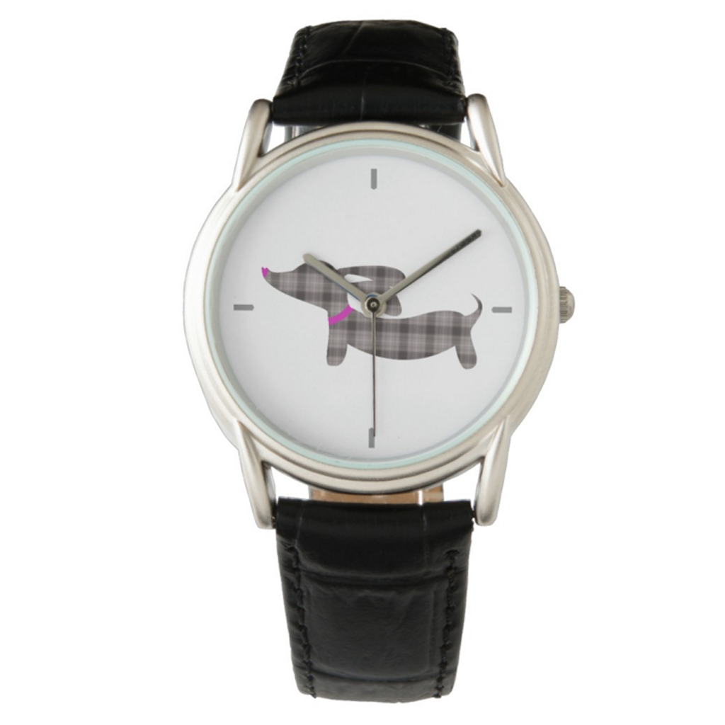 Gray Plaid Wiener Dog Leather Band Watches, The Smoothe - Black, Brown Or Gray Dachshund Leather Watches (1024x1024), Png Download