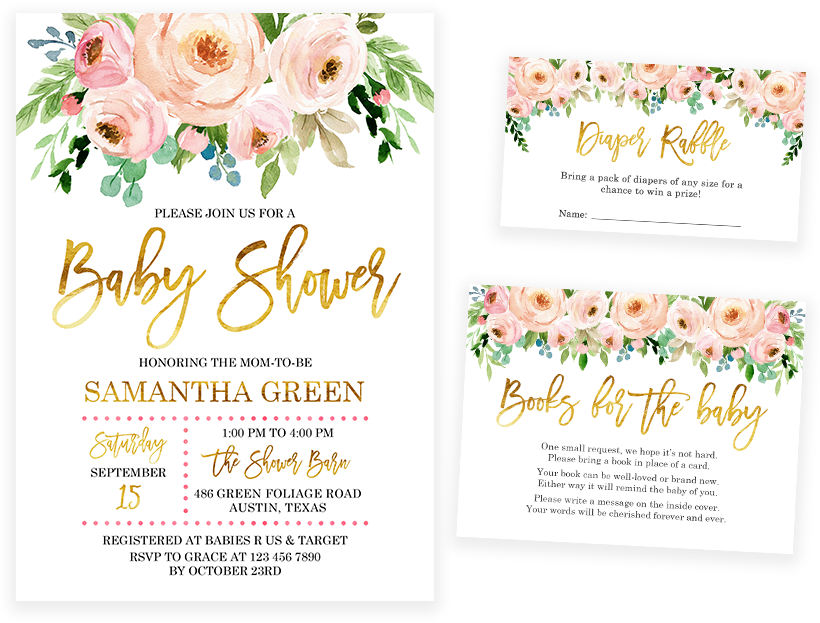 Pink And Gold Floral Baby Shower Invitation Pack - Baby Girl Shower Invitations (819x1024), Png Download