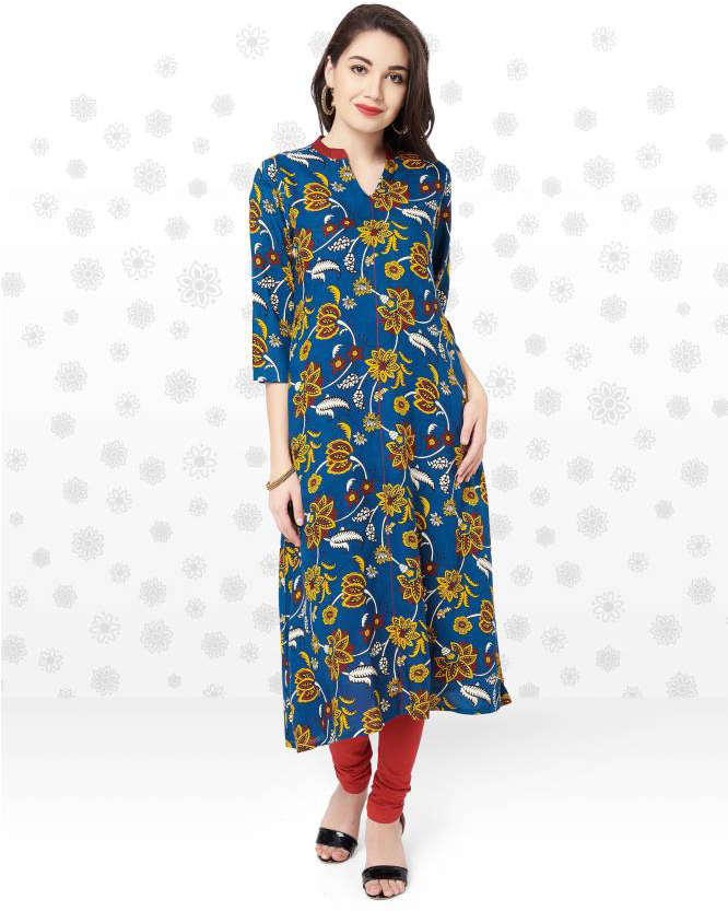 Anmi Women's Floral Print A-line Kurta - Blue (832x832), Png Download